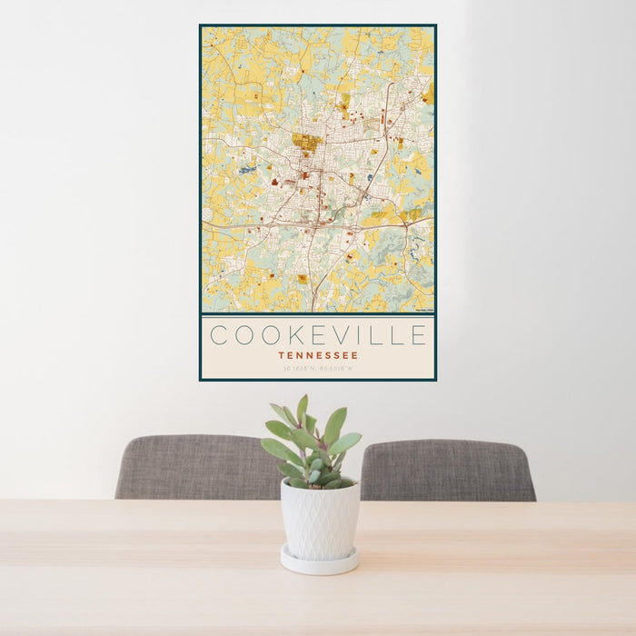24x36 Cookeville Tennessee Map Print Portrait Orientation in Woodblock Style Behind 2 Chairs Table and Potted Plant