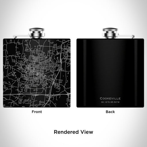 Rendered View of Cookeville Tennessee Map Engraving on 6oz Stainless Steel Flask in Black