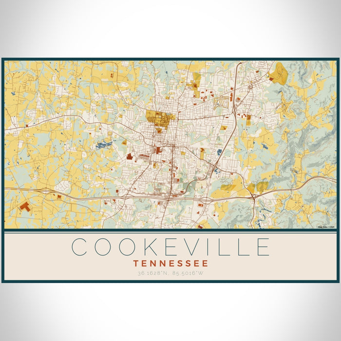 Cookeville Tennessee Map Print Landscape Orientation in Woodblock Style With Shaded Background