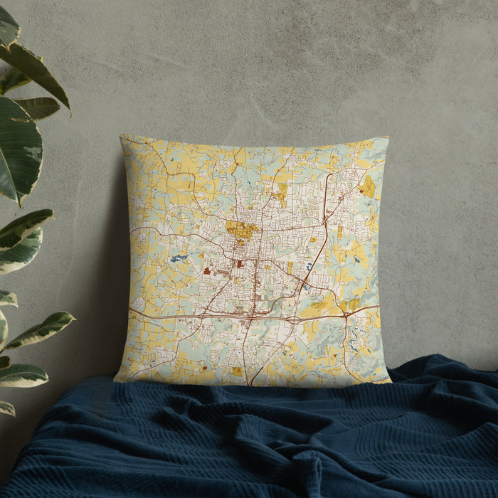 Custom Cookeville Tennessee Map Throw Pillow in Woodblock on Bedding Against Wall