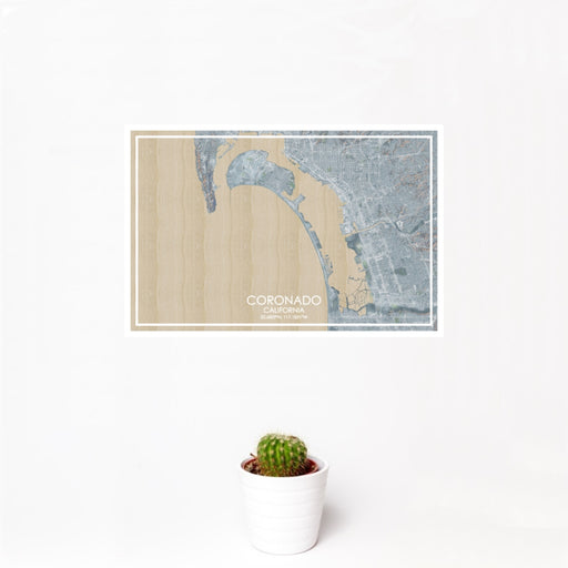 12x18 Coronado California Map Print Landscape Orientation in Afternoon Style With Small Cactus Plant in White Planter