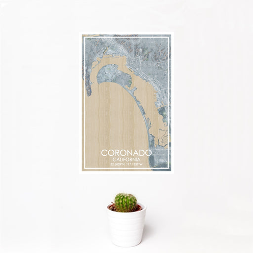12x18 Coronado California Map Print Portrait Orientation in Afternoon Style With Small Cactus Plant in White Planter