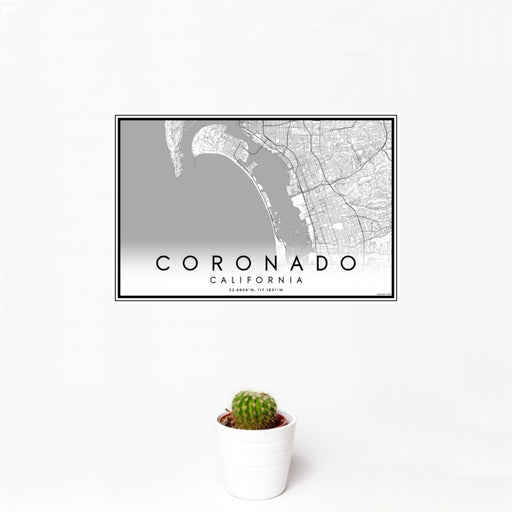 12x18 Coronado California Map Print Landscape Orientation in Classic Style With Small Cactus Plant in White Planter