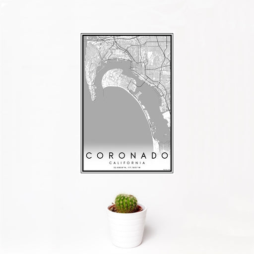 12x18 Coronado California Map Print Portrait Orientation in Classic Style With Small Cactus Plant in White Planter