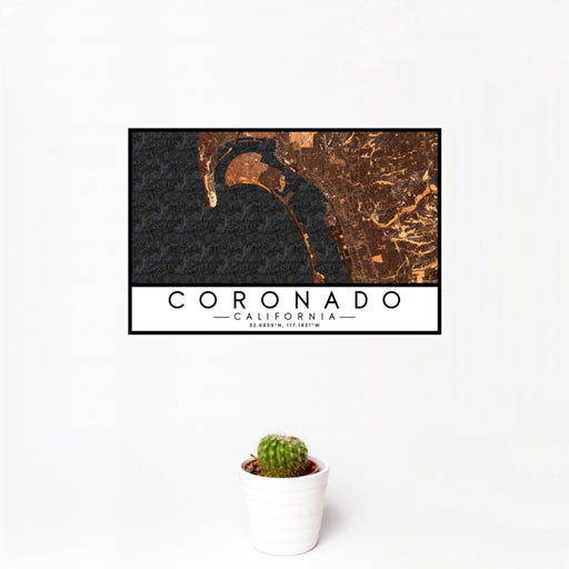 12x18 Coronado California Map Print Landscape Orientation in Ember Style With Small Cactus Plant in White Planter