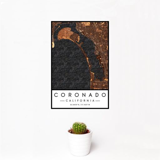 12x18 Coronado California Map Print Portrait Orientation in Ember Style With Small Cactus Plant in White Planter