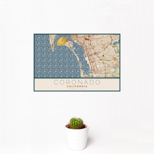 12x18 Coronado California Map Print Landscape Orientation in Woodblock Style With Small Cactus Plant in White Planter