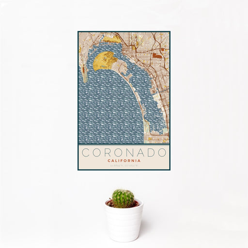 12x18 Coronado California Map Print Portrait Orientation in Woodblock Style With Small Cactus Plant in White Planter