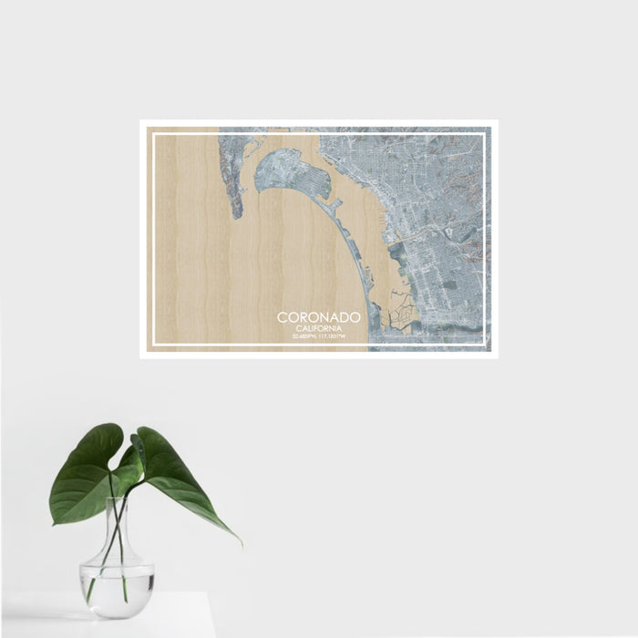 16x24 Coronado California Map Print Landscape Orientation in Afternoon Style With Tropical Plant Leaves in Water