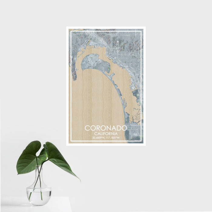 16x24 Coronado California Map Print Portrait Orientation in Afternoon Style With Tropical Plant Leaves in Water