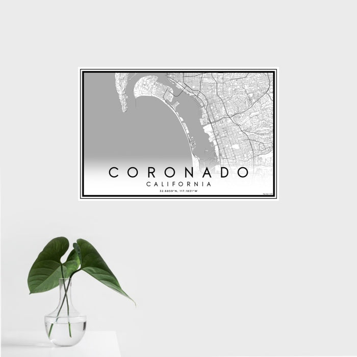 16x24 Coronado California Map Print Landscape Orientation in Classic Style With Tropical Plant Leaves in Water
