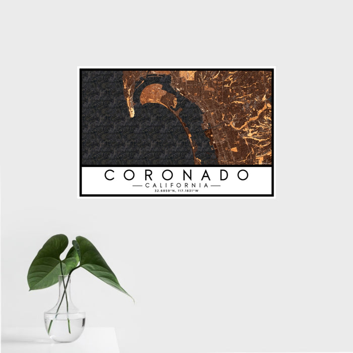 16x24 Coronado California Map Print Landscape Orientation in Ember Style With Tropical Plant Leaves in Water