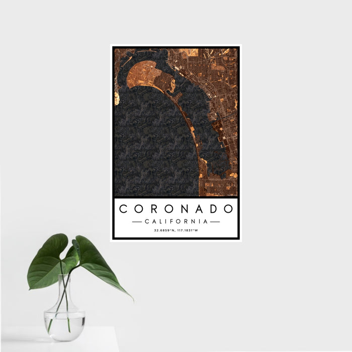 16x24 Coronado California Map Print Portrait Orientation in Ember Style With Tropical Plant Leaves in Water