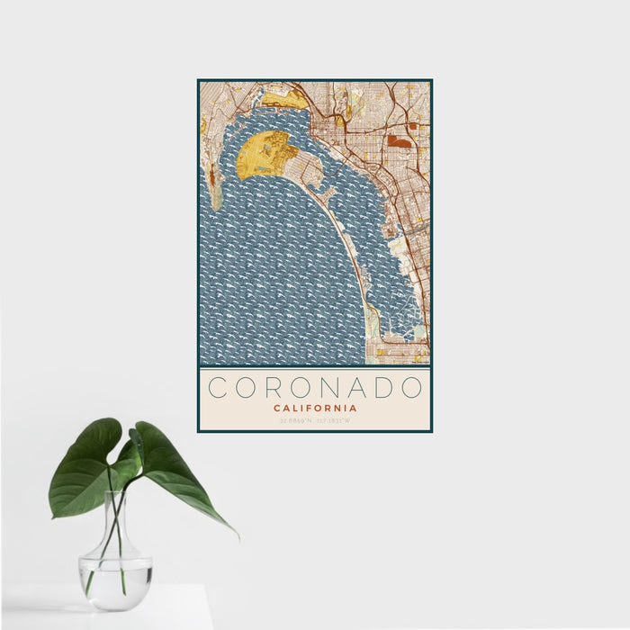 16x24 Coronado California Map Print Portrait Orientation in Woodblock Style With Tropical Plant Leaves in Water