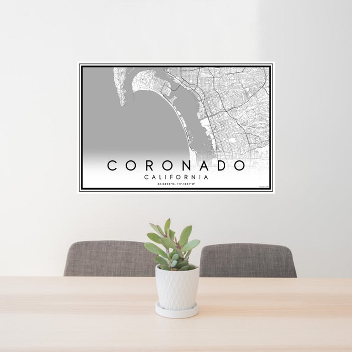 24x36 Coronado California Map Print Lanscape Orientation in Classic Style Behind 2 Chairs Table and Potted Plant