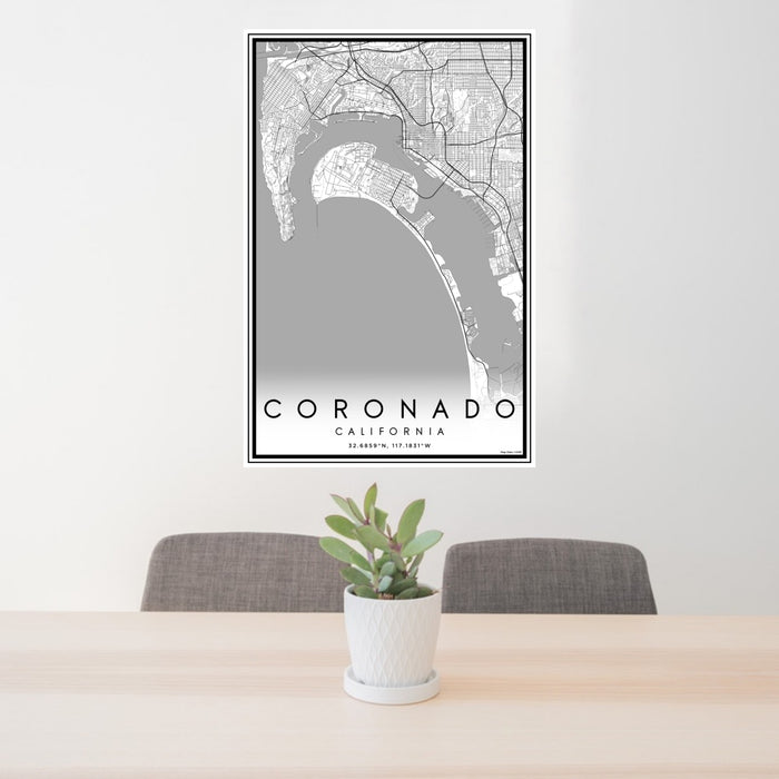 24x36 Coronado California Map Print Portrait Orientation in Classic Style Behind 2 Chairs Table and Potted Plant