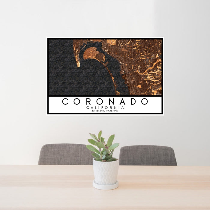 24x36 Coronado California Map Print Lanscape Orientation in Ember Style Behind 2 Chairs Table and Potted Plant
