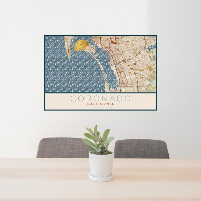 24x36 Coronado California Map Print Lanscape Orientation in Woodblock Style Behind 2 Chairs Table and Potted Plant