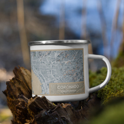 Right View Custom Coronado California Map Enamel Mug in Afternoon on Grass With Trees in Background