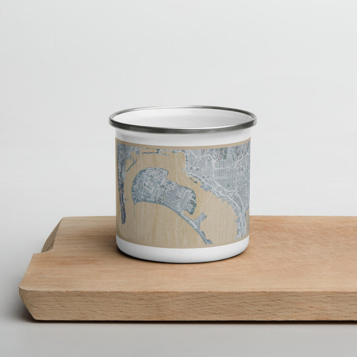 Front View Custom Coronado California Map Enamel Mug in Afternoon on Cutting Board