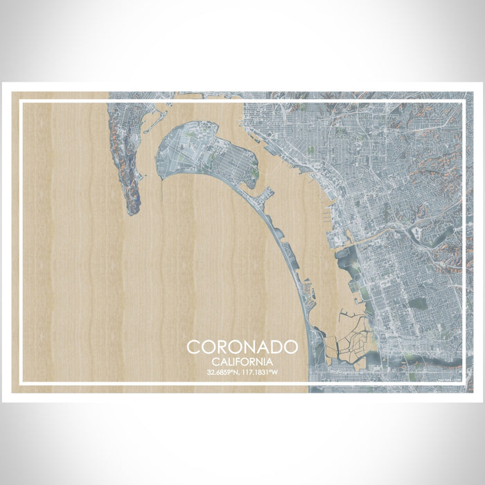 Coronado California Map Print Landscape Orientation in Afternoon Style With Shaded Background