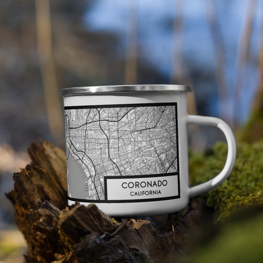Right View Custom Coronado California Map Enamel Mug in Classic on Grass With Trees in Background