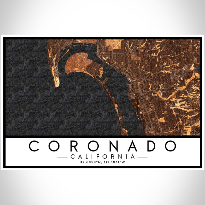 Coronado California Map Print Landscape Orientation in Ember Style With Shaded Background