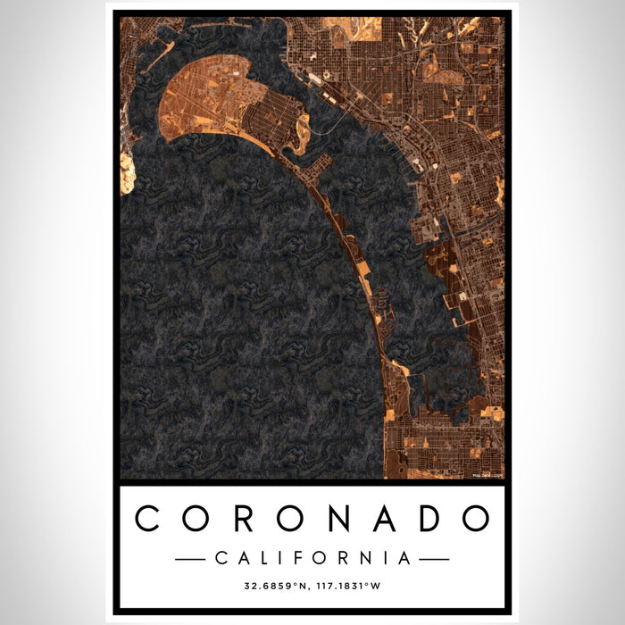 Coronado California Map Print Portrait Orientation in Ember Style With Shaded Background