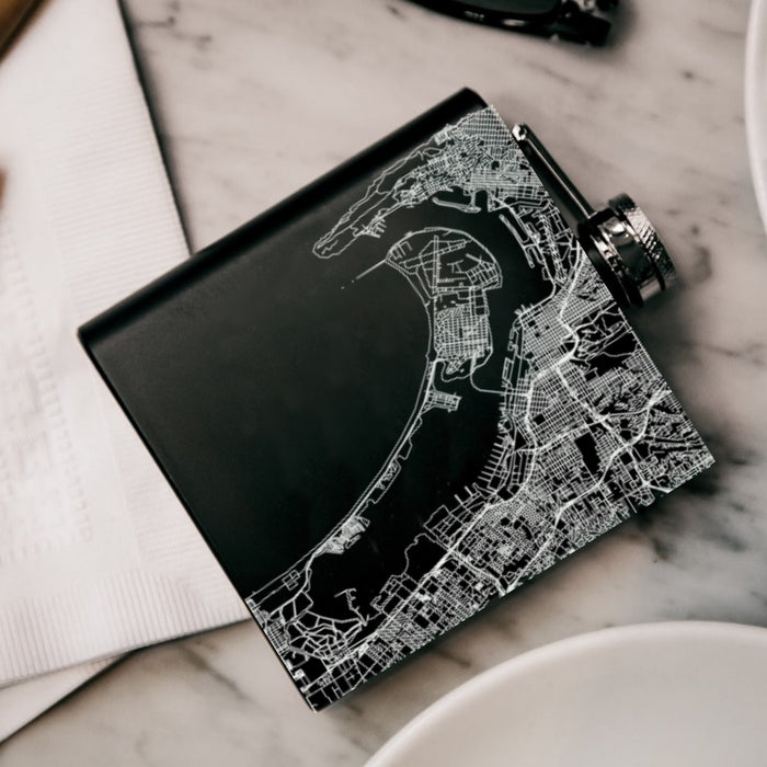 Coronado California Custom Engraved City Map Inscription Coordinates on 6oz Stainless Steel Flask in Black