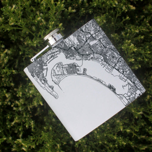 Coronado California Custom Engraved City Map Inscription Coordinates on 6oz Stainless Steel Flask in White