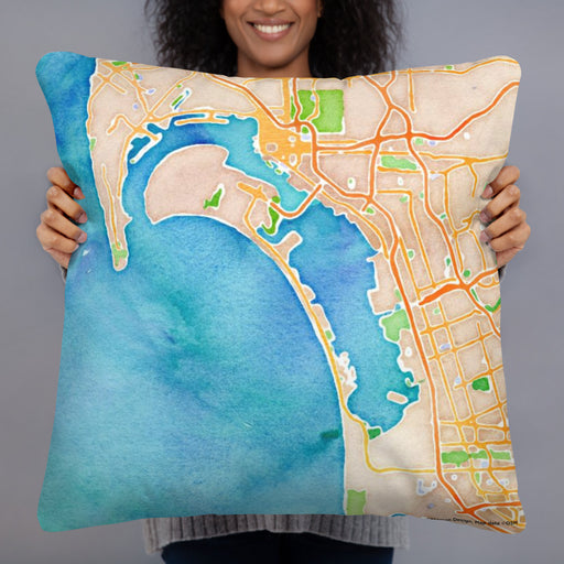 Person holding 22x22 Custom Coronado California Map Throw Pillow in Watercolor