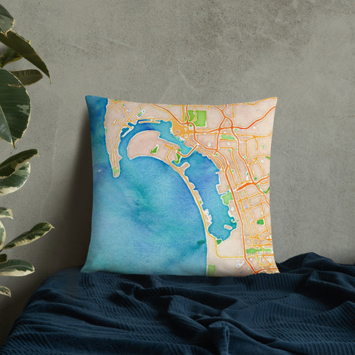 Custom Coronado California Map Throw Pillow in Watercolor on Bedding Against Wall