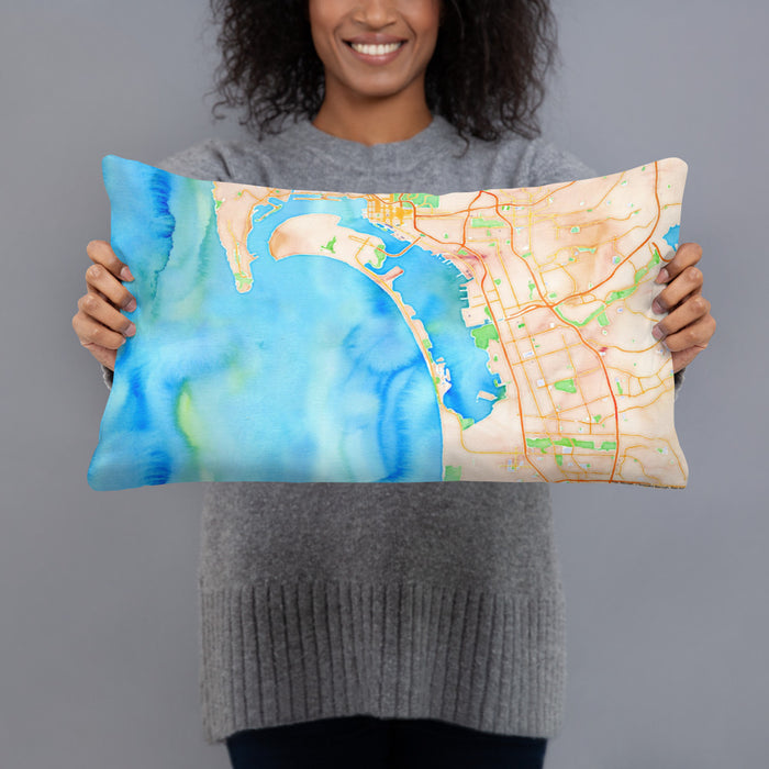 Person holding 20x12 Custom Coronado California Map Throw Pillow in Watercolor