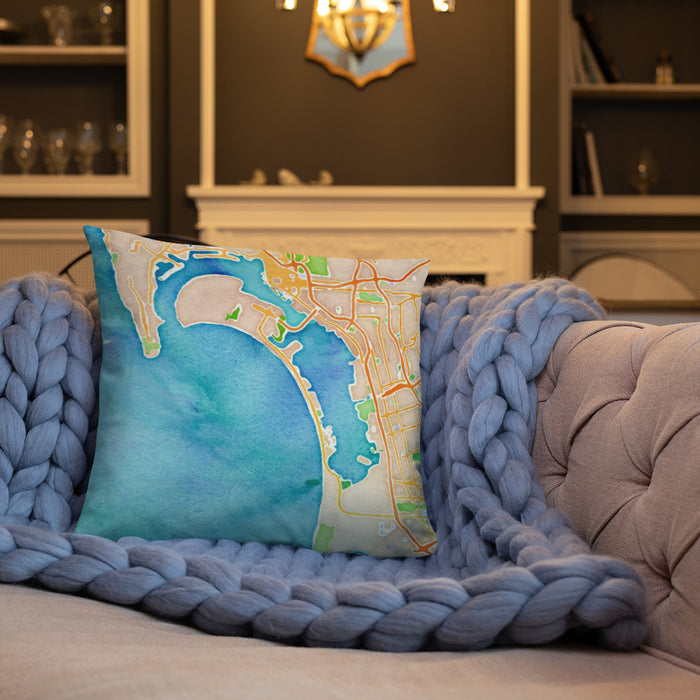 Custom Coronado California Map Throw Pillow in Watercolor on Cream Colored Couch