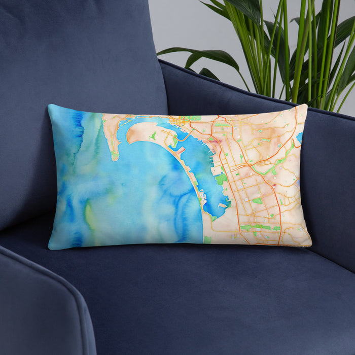 Custom Coronado California Map Throw Pillow in Watercolor on Blue Colored Chair