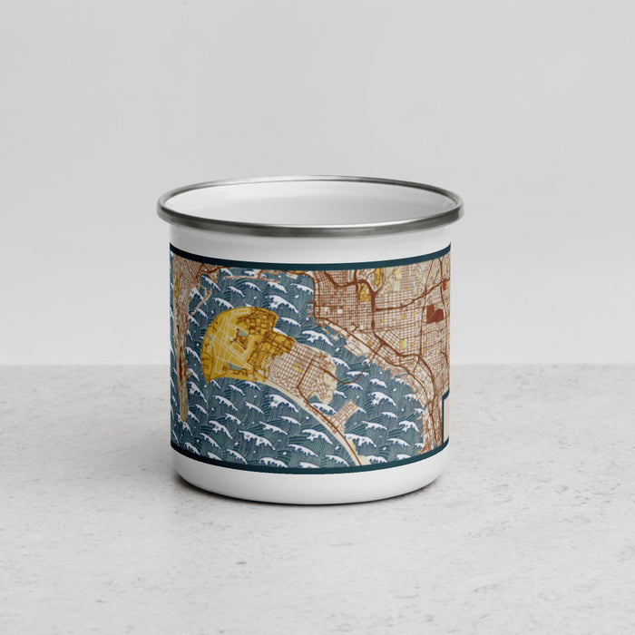 Front View Custom Coronado California Map Enamel Mug in Woodblock