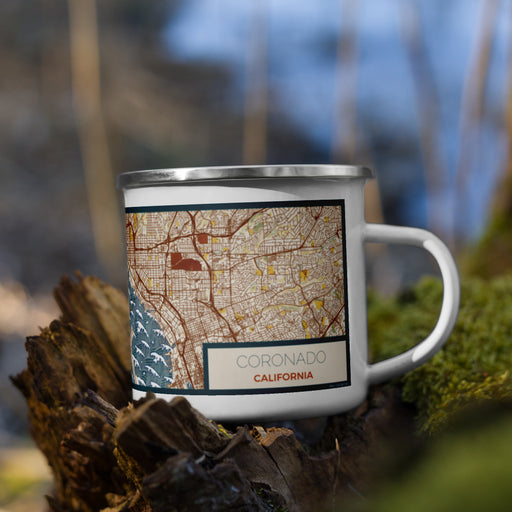 Right View Custom Coronado California Map Enamel Mug in Woodblock on Grass With Trees in Background