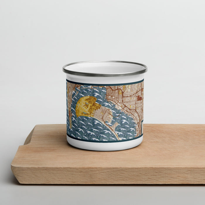 Front View Custom Coronado California Map Enamel Mug in Woodblock on Cutting Board