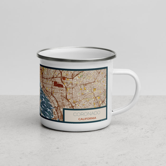 Right View Custom Coronado California Map Enamel Mug in Woodblock