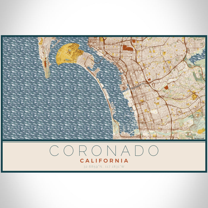 Coronado California Map Print Landscape Orientation in Woodblock Style With Shaded Background