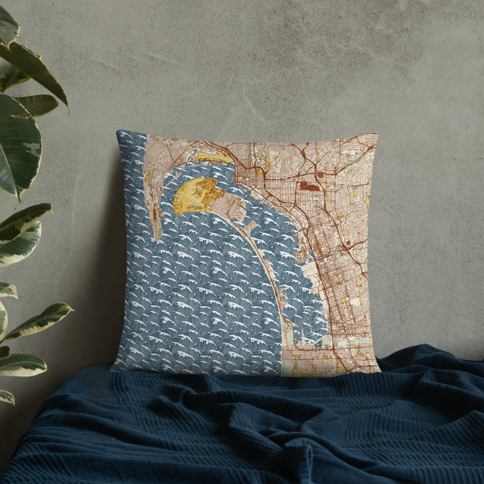 Custom Coronado California Map Throw Pillow in Woodblock on Bedding Against Wall