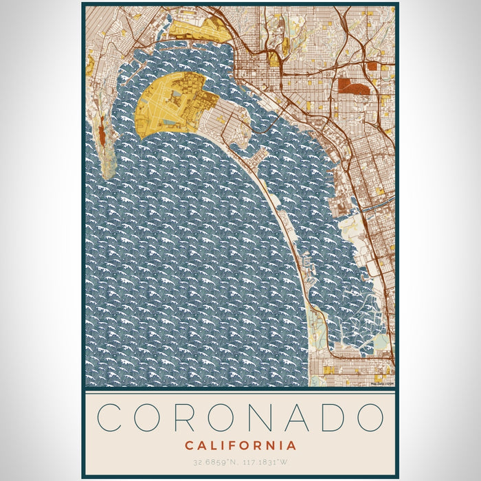 Coronado California Map Print Portrait Orientation in Woodblock Style With Shaded Background