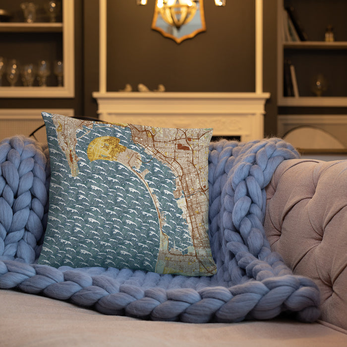 Custom Coronado California Map Throw Pillow in Woodblock on Cream Colored Couch