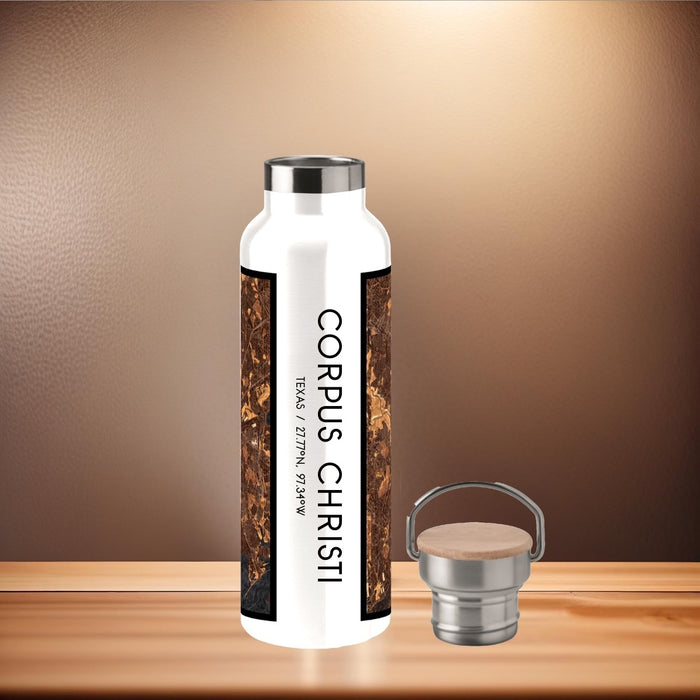 Corpus Christi Texas Custom City Map Inscription Coordinates on 20oz Stainless Steel Insulated Bottle with Bamboo Top with printed ember style map