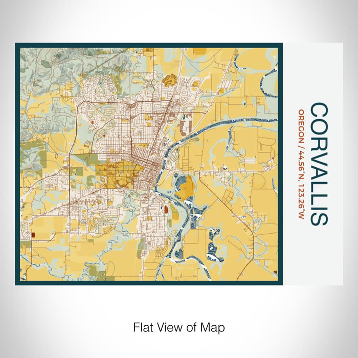 Rendered View of Corvallis Oregon Map on 20oz Stainless Steel Insulated Bottle with Bamboo Top with printed woodblock style map