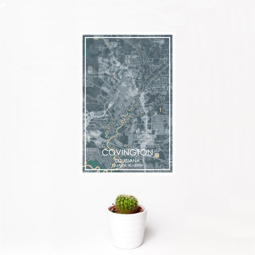 12x18 Covington Louisiana Map Print Portrait Orientation in Afternoon Style With Small Cactus Plant in White Planter