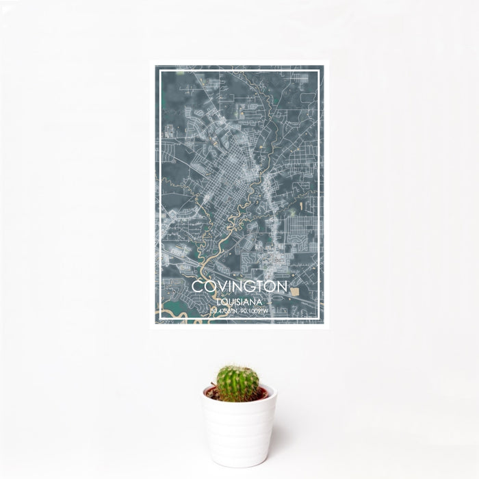 12x18 Covington Louisiana Map Print Portrait Orientation in Afternoon Style With Small Cactus Plant in White Planter