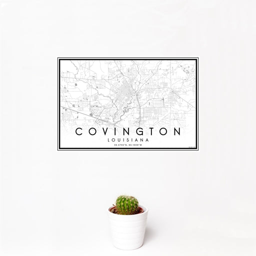 12x18 Covington Louisiana Map Print Landscape Orientation in Classic Style With Small Cactus Plant in White Planter