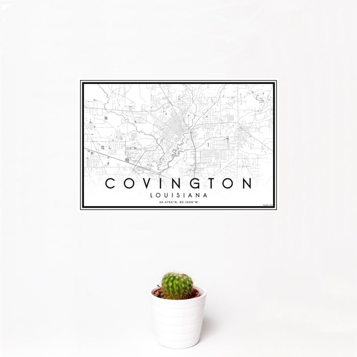 12x18 Covington Louisiana Map Print Landscape Orientation in Classic Style With Small Cactus Plant in White Planter