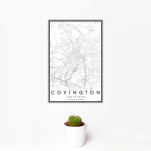 12x18 Covington Louisiana Map Print Portrait Orientation in Classic Style With Small Cactus Plant in White Planter
